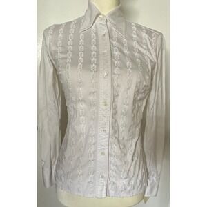 Celine Paris VTG White Cotton Chain Embroidered Button Up Blouse Top 44 S RARE